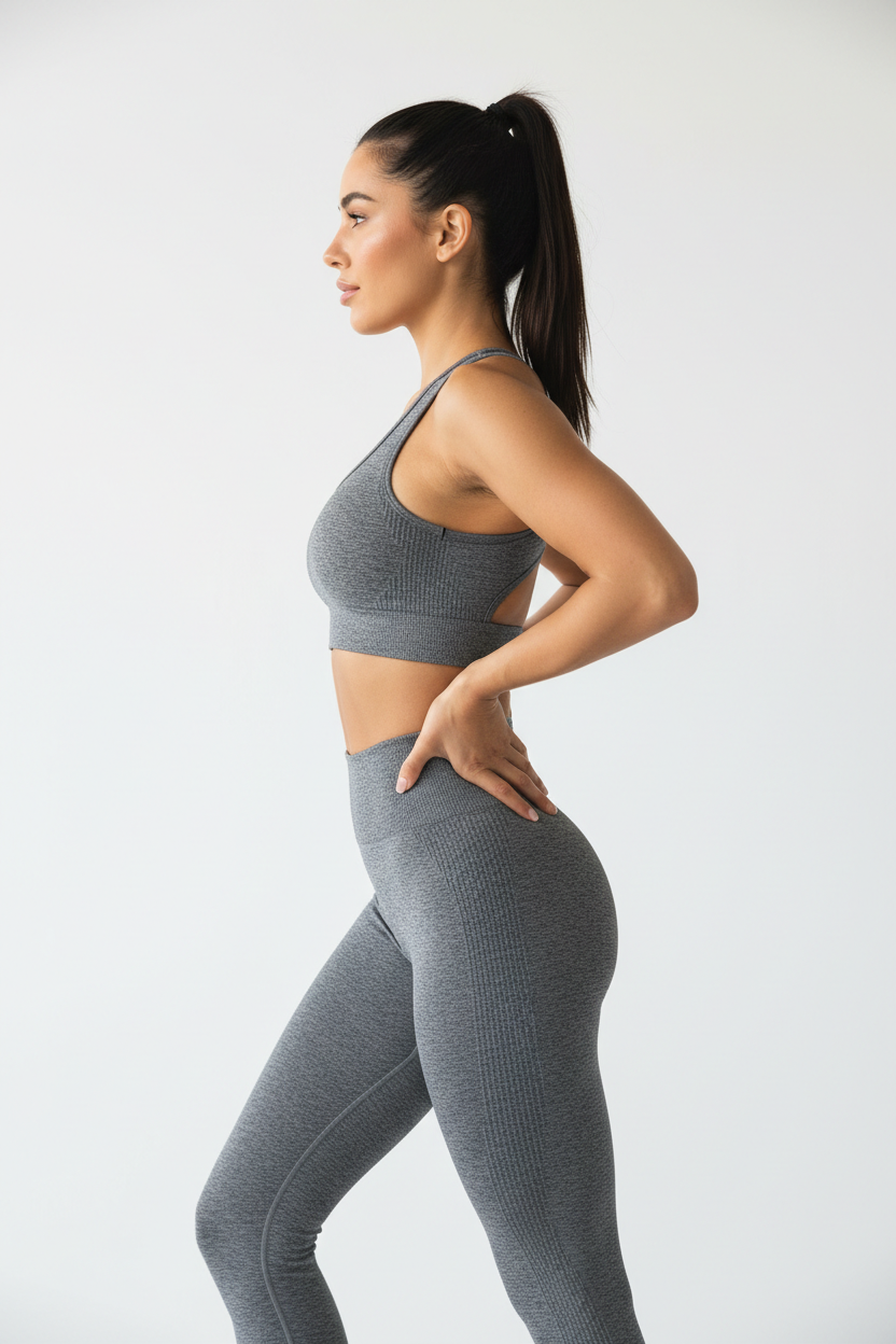 Woman wearing performance knit sports bra at gym