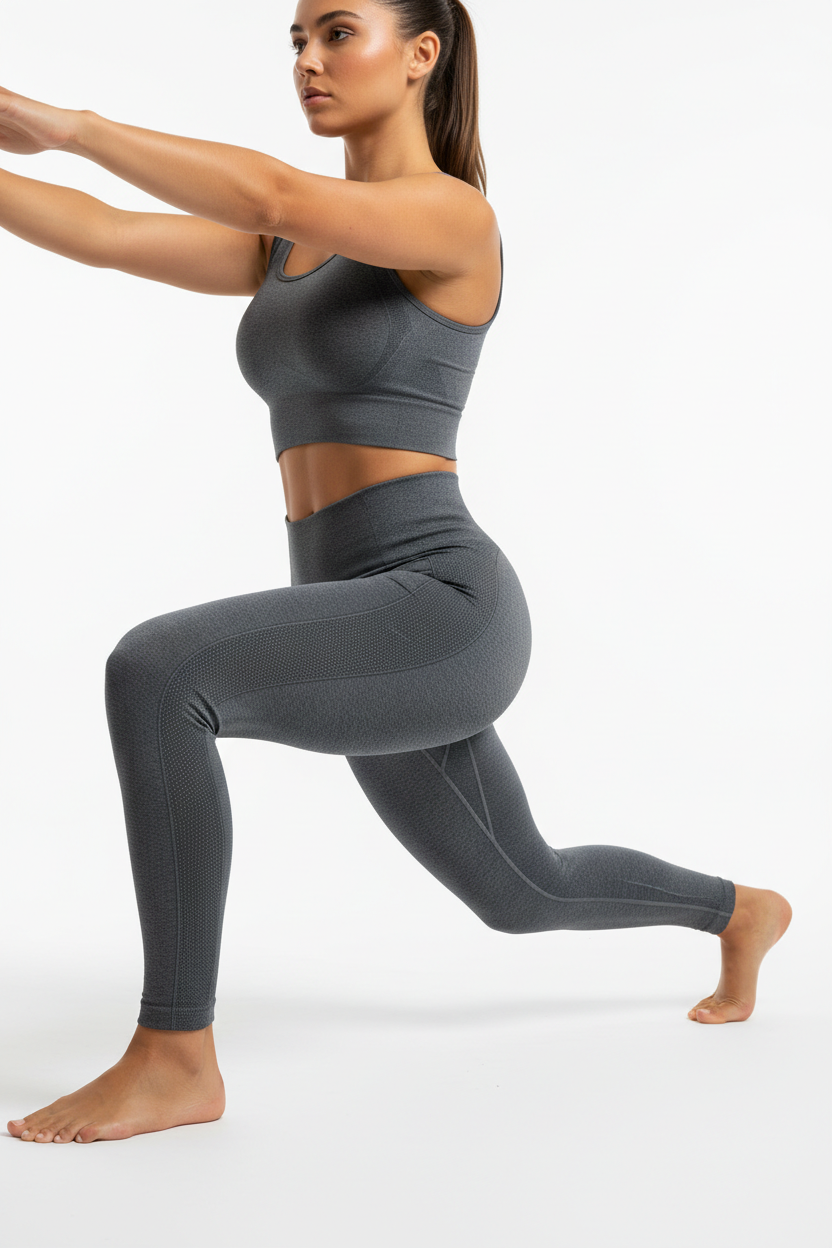 Three-quarter angle of woman wearing seamless technical leggings