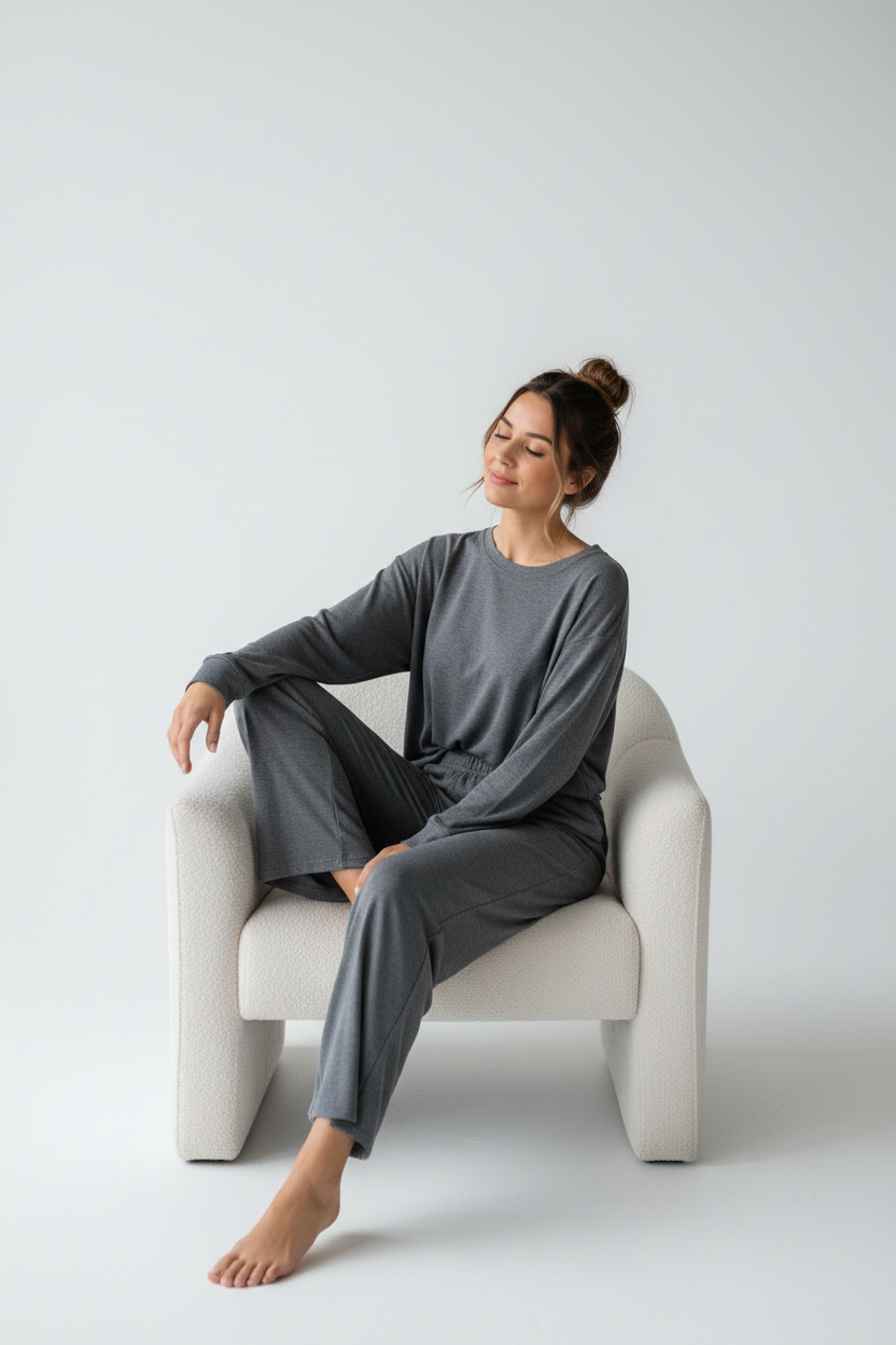 Woman wearing modal recovery lounge set outdoors in garden