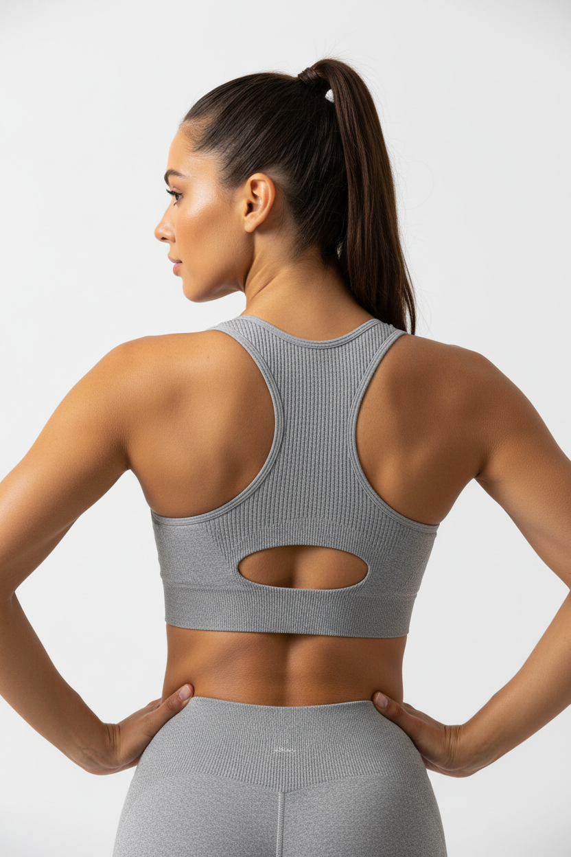 Back angle of woman wearing performance knit sports bra
