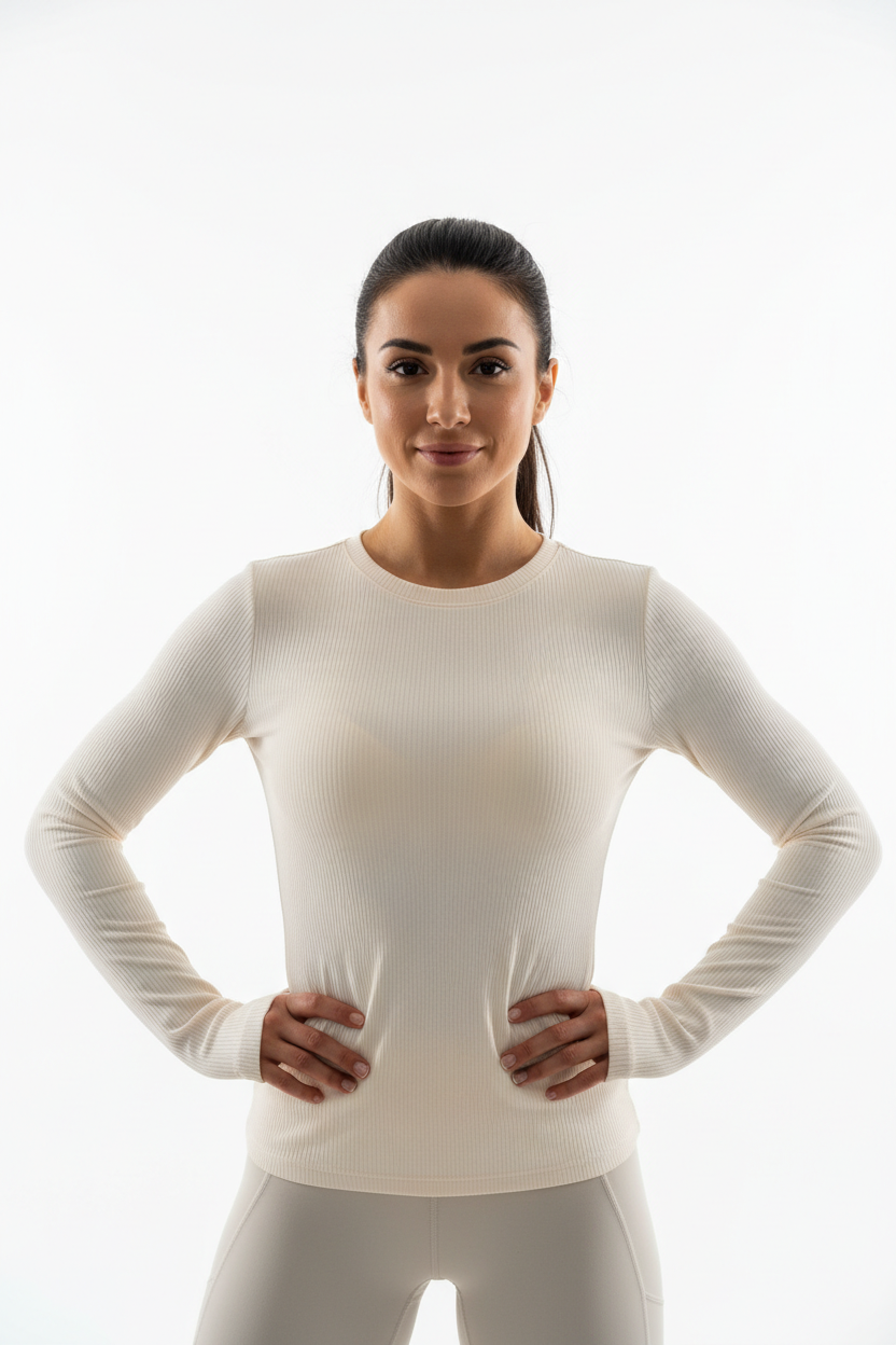 Front angle of woman wearing ribbed long-sleeve layer top
