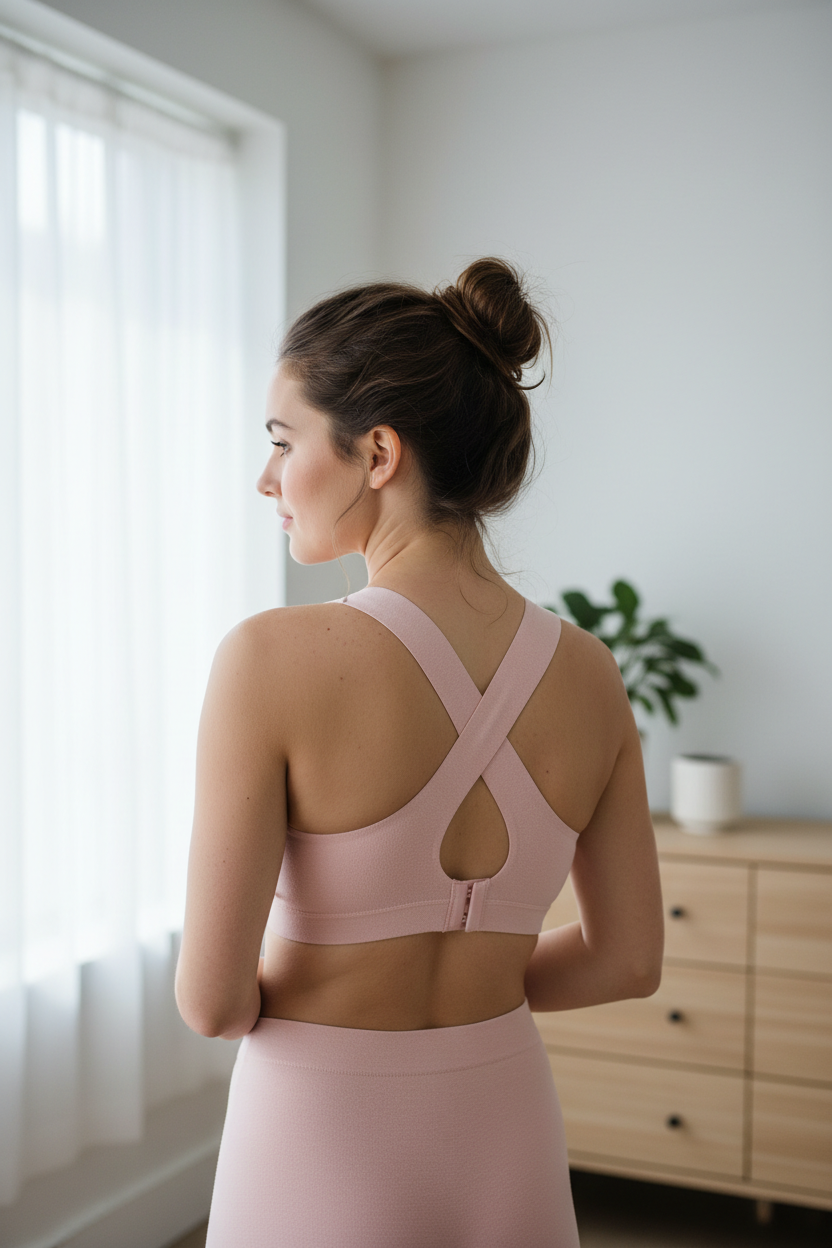 Back angle of woman wearing petal blush recovery bra